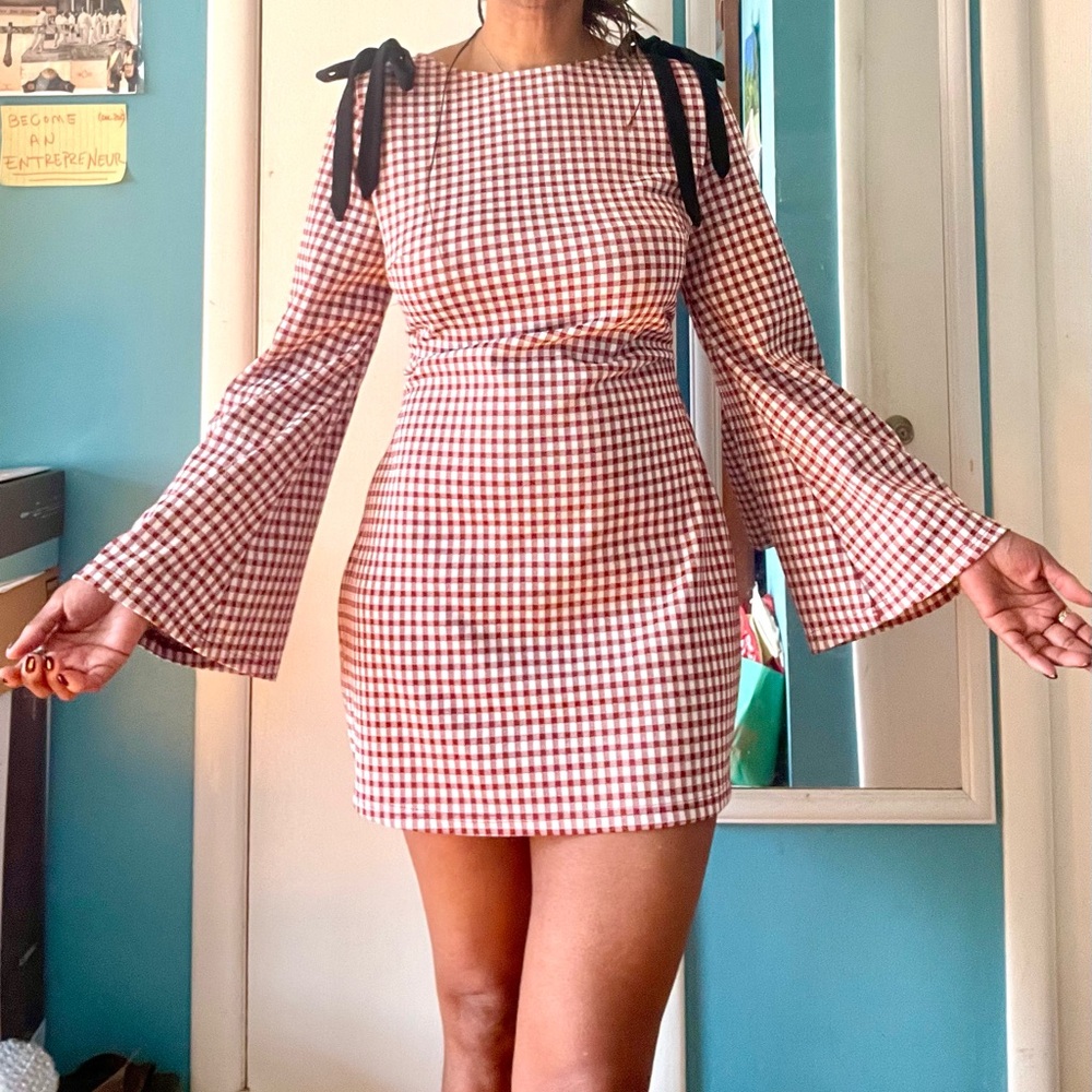 Cider Red and White Gingham Boat Neck Mini Dress Size L